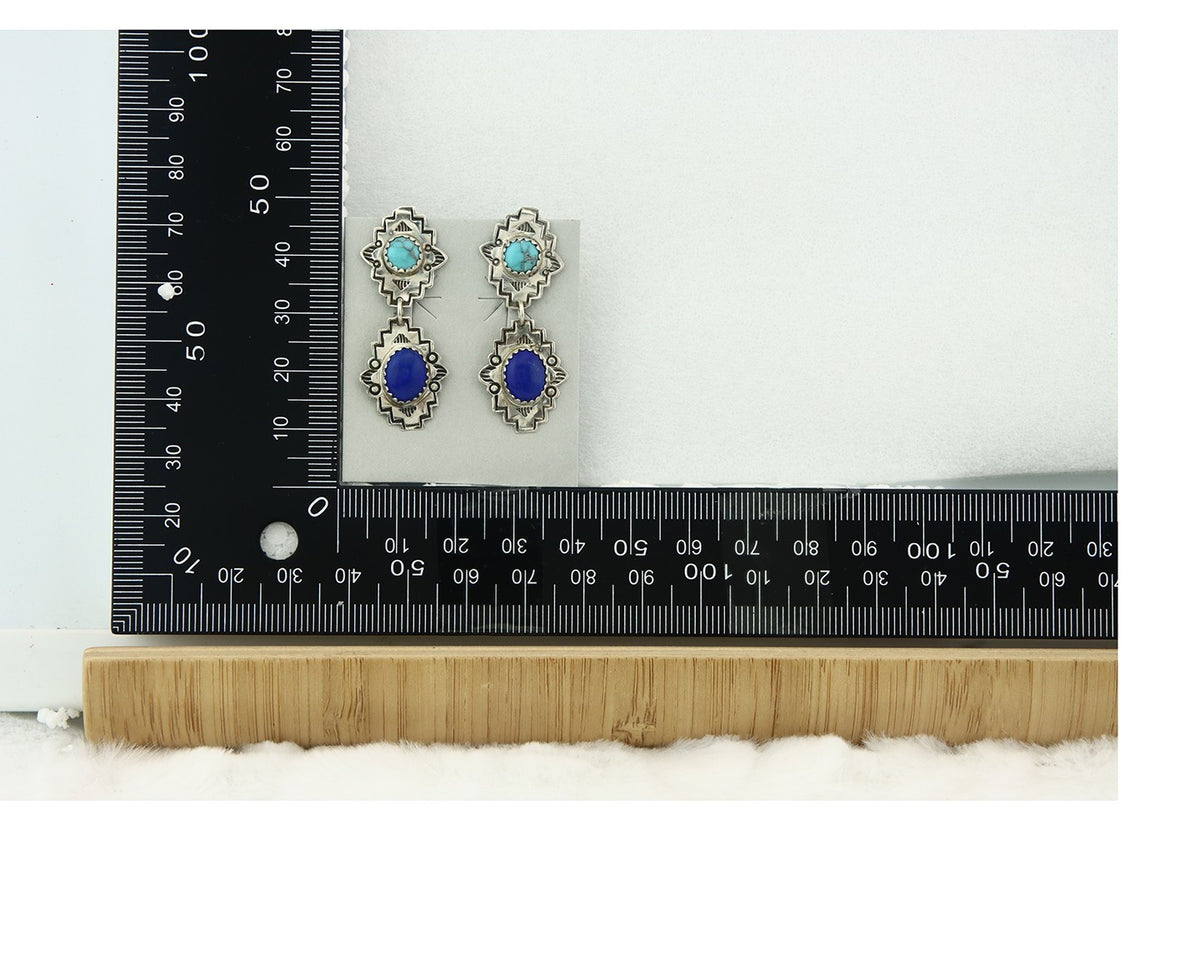 Navajo Earrings Sterling Silver Lapis & Truquoise Vintage Signed Mary Ellen