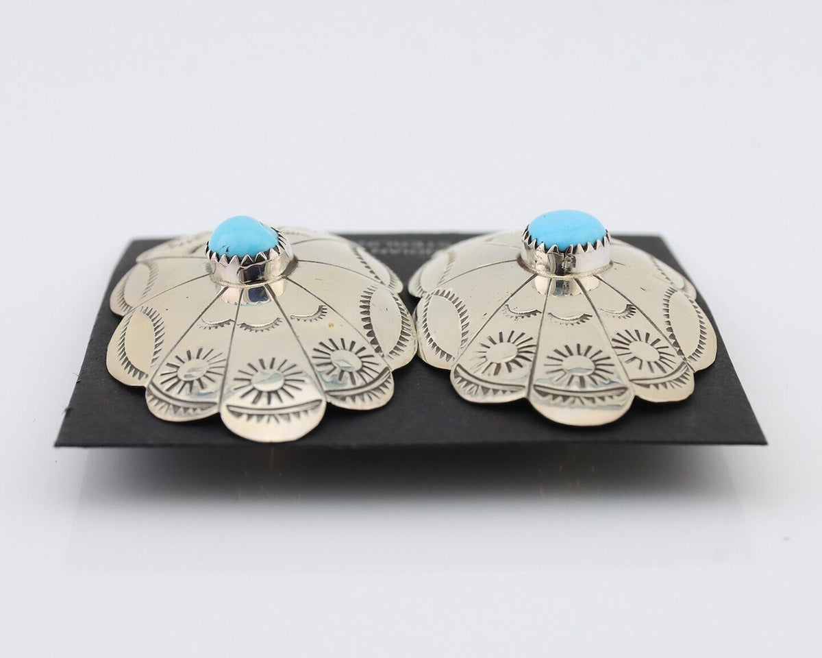 Navajo Hand Stamped Shield Earrings 925 Silver Turquoise Native Artist C.80's