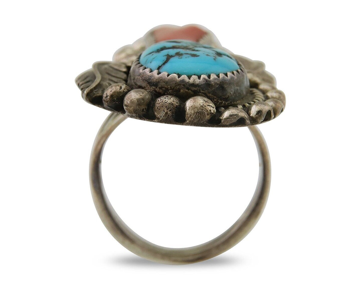 Navajo Ring 925 Sterling Silver Natural Coral & Turquoise Signed SC C.80's