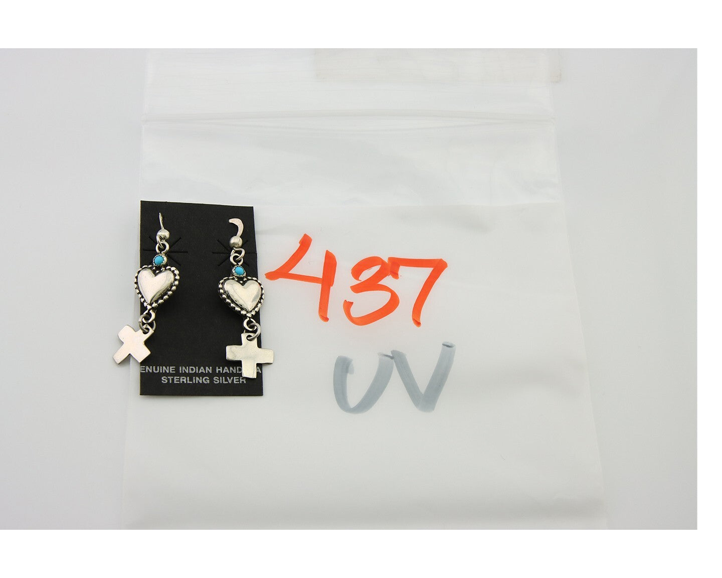 Navajo Earrings 925 Silver Heart Cross Natural Turquoise Native Artist C.80's