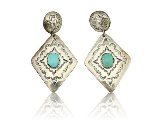 Navajo Dangle Earrings 925 Silver Natural Blue Turquoise Artist Signed LS C.80's