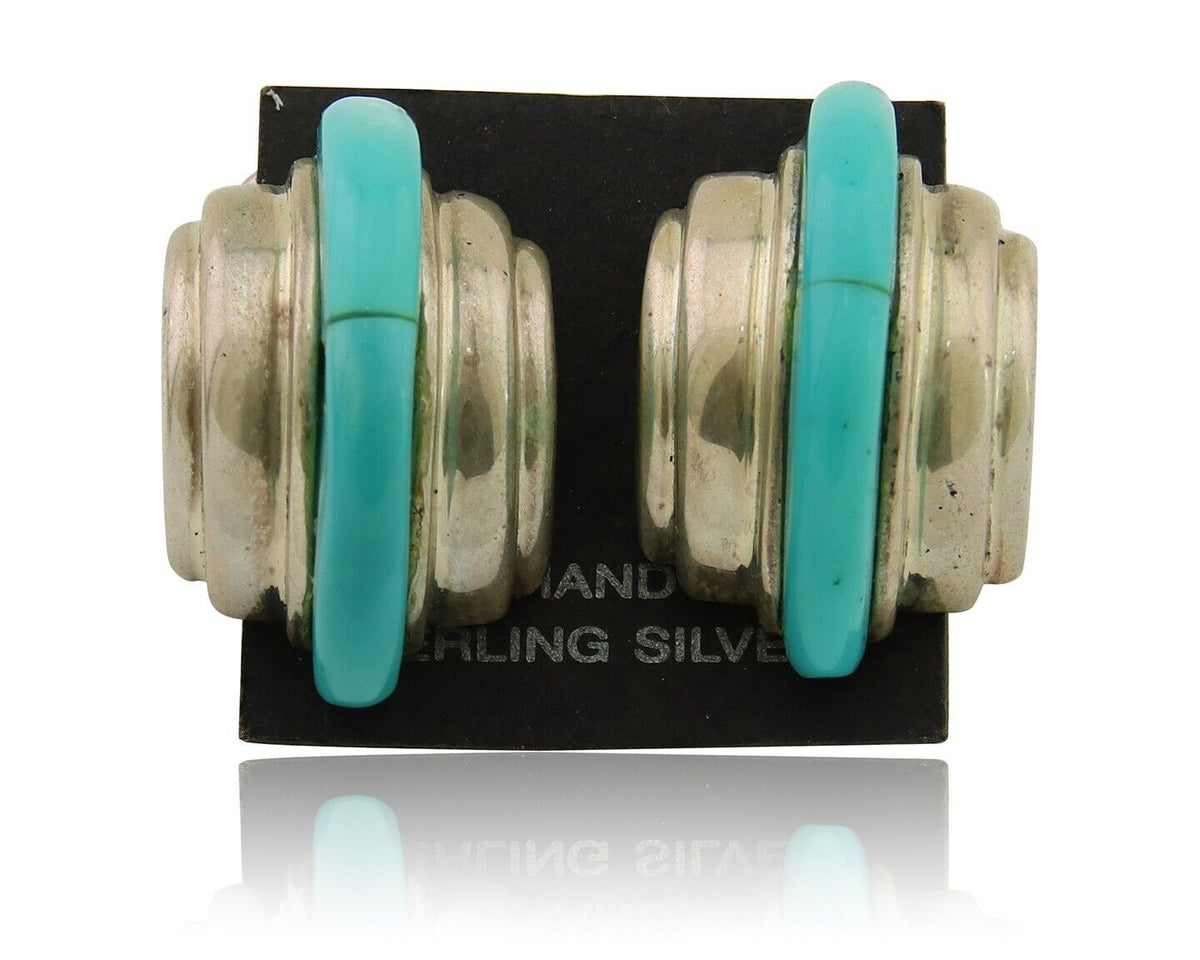Navajo Half Hoop Earrings 925 Silver Natural Turquoise Artist Signed ShaRay C80s