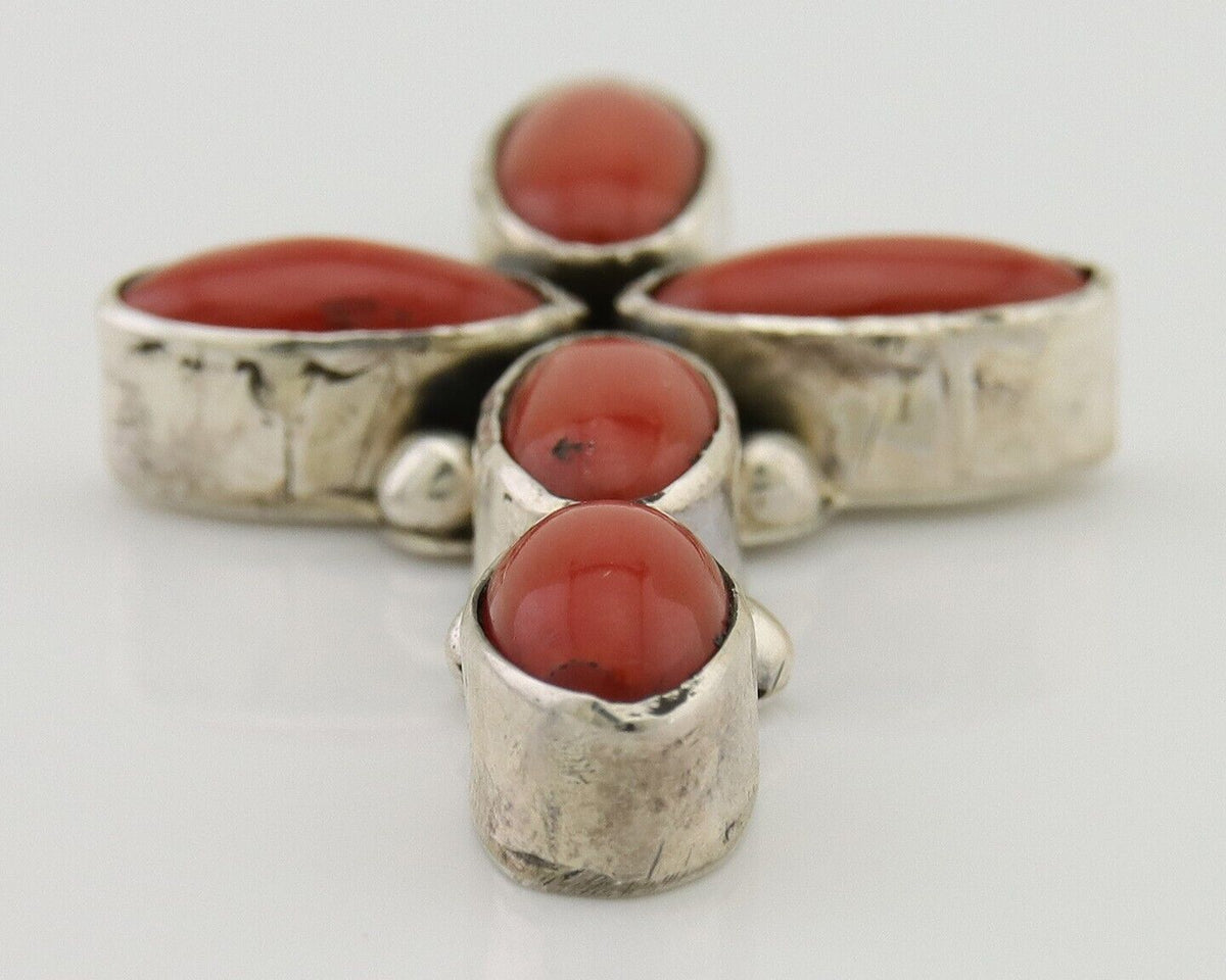 Navajo Cross Pendant 925 Silver Mediterranean Coral Signed J Tso C.80s