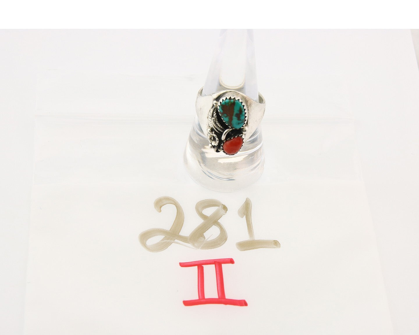 Navajo Ring 925 Sterling Turquoise & Coral Native Artist C.80's Size 8.75