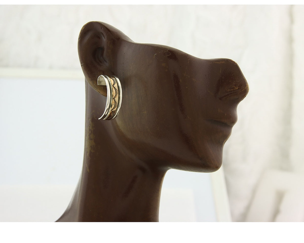 Navajo Hoop Earrings Sterling Silver & Gold Vintage Handmade Signed E