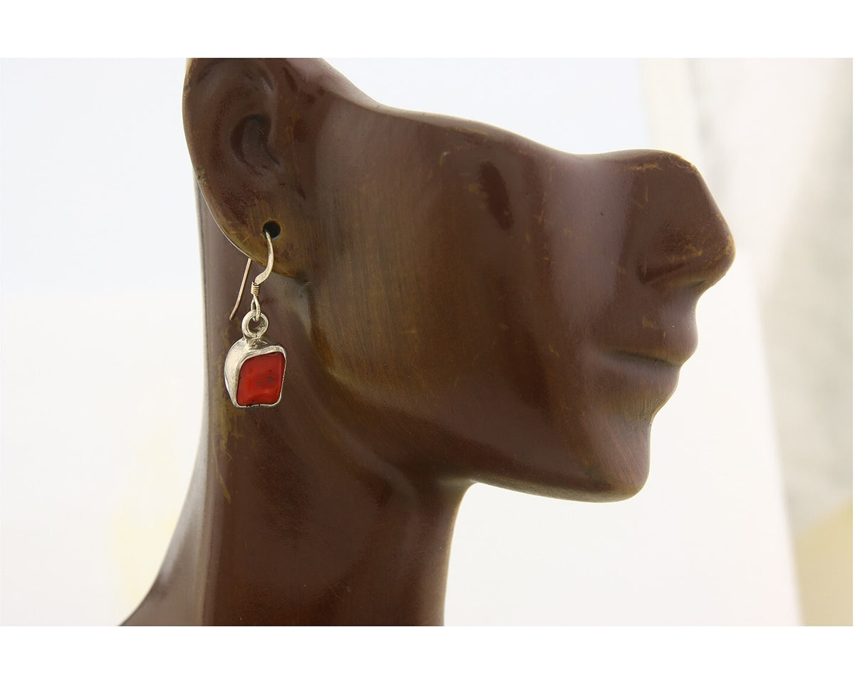 Navajo Earrings 925 Silver Natural Coral Native American Artist C.80's