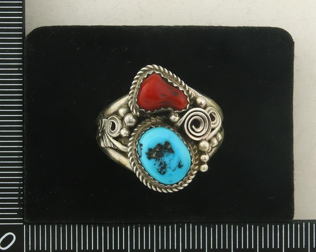 Men Navajo Ring 925 Sterling Natural Coral & Turquoise Signed JM C.80's Sz 12.5