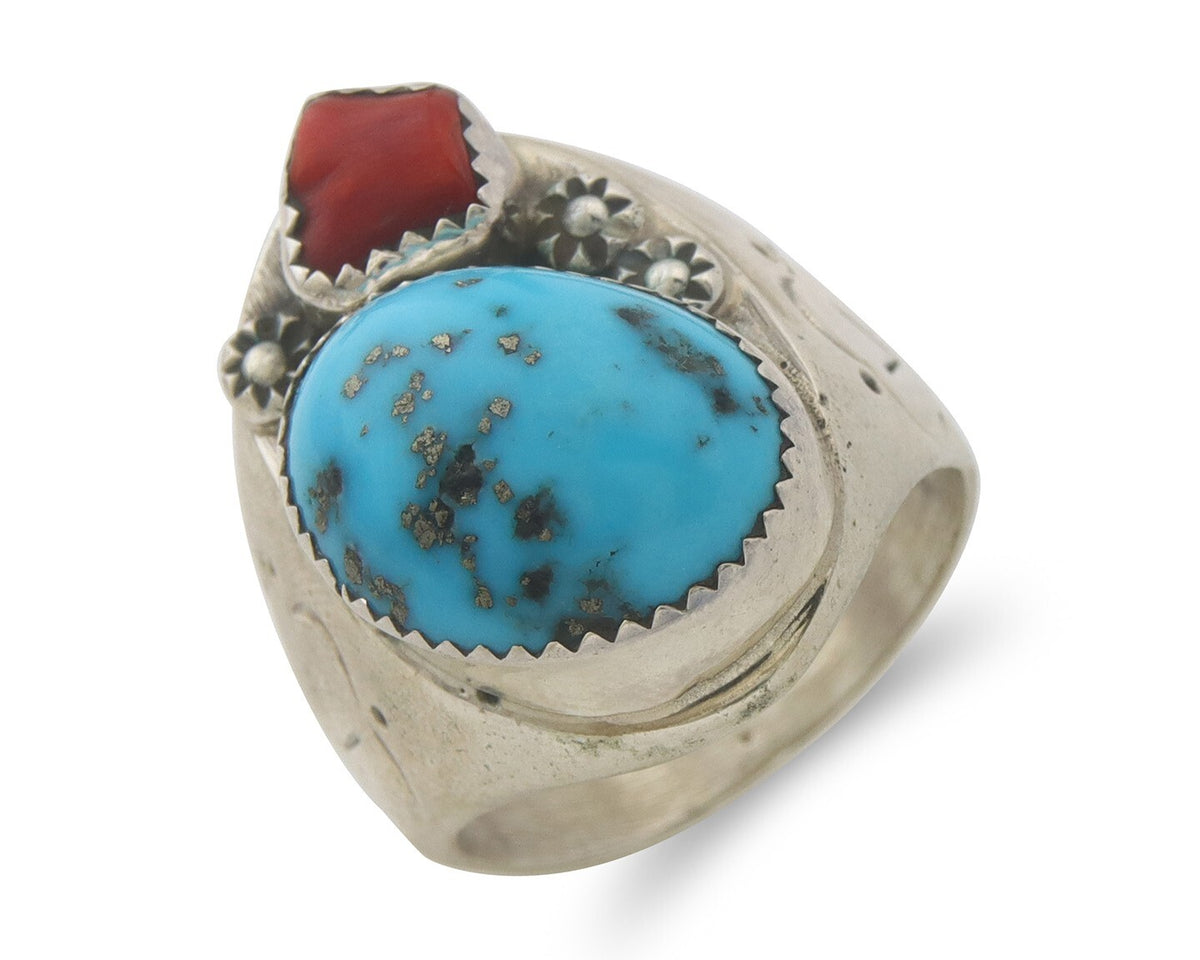 Men Heavy Navajo Ring 925 Sterling Natural Coral & Turquoise C.80's Size 12.25