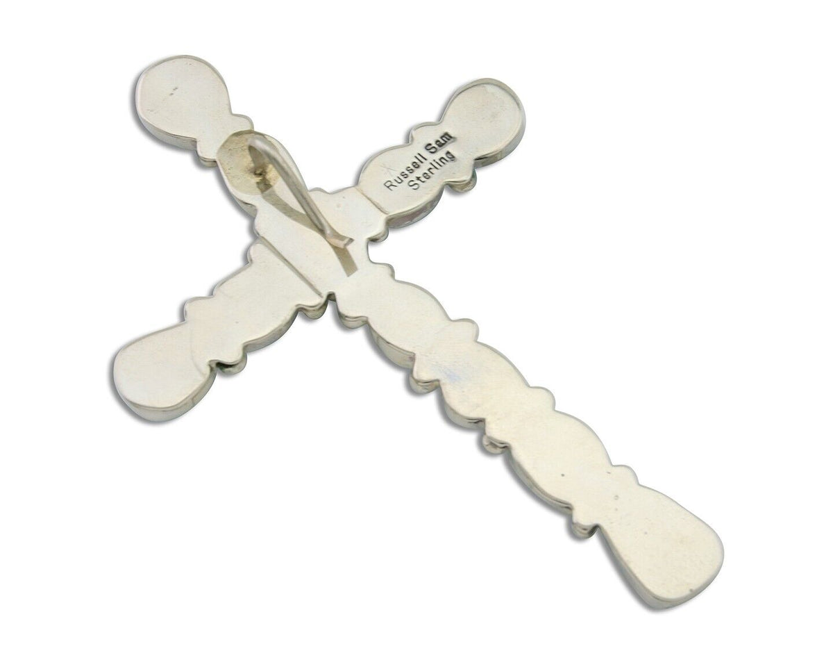 Navajo Cross Handmade Pendant 925 Silver Turquoise Artist Signed Russel Sam C80s