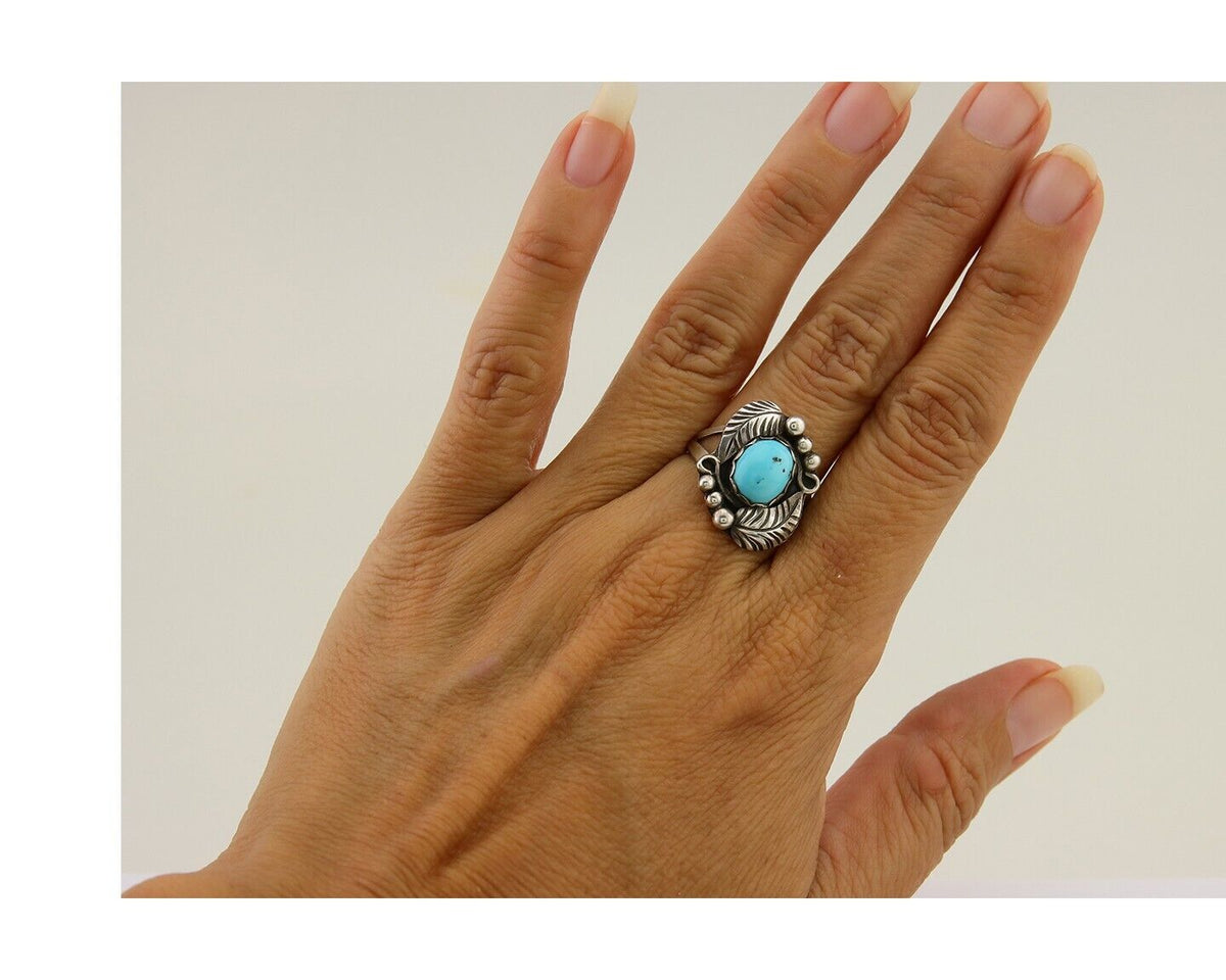 Navajo Ring 925 Sterling Silver Blue Turquoise Native American Artist C.80's