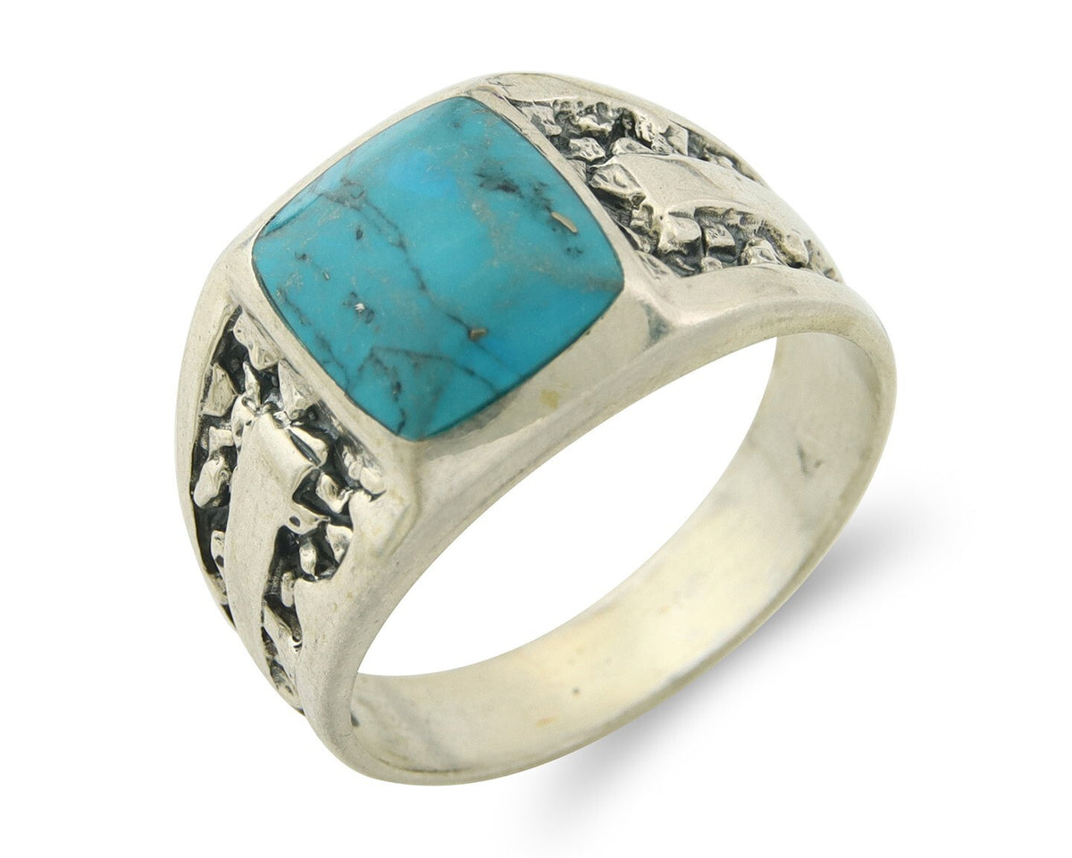 Men Vintage Nugget Ring 925 Sterling Turquoise Artist Signed SC Size 11.25