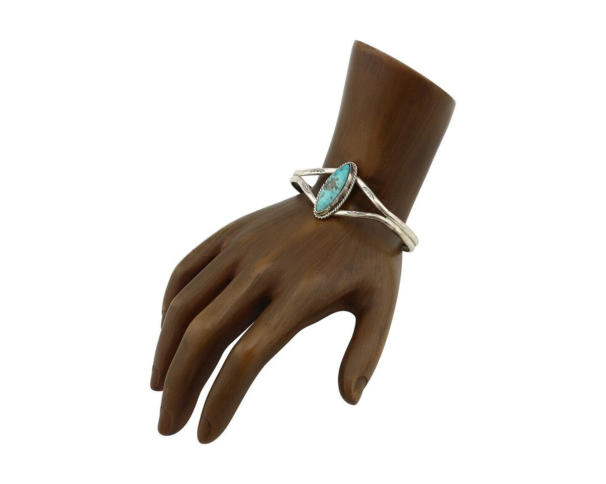 Navajo Bracelet 925 Silver Natural Blue Turquoise Artist Signed LB C.80's