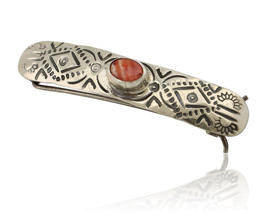 Women Navajo Hair Clip Barrette 925 Silver White Red Spiney Oyster Native Artist