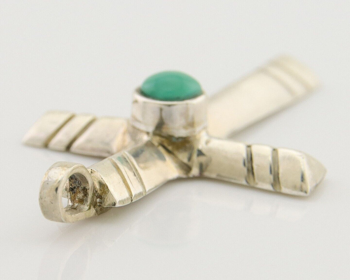 Navajo Sand Cast Cross Pendant 925 Silver Turquoise Artist Signed J Yazzie C.80s
