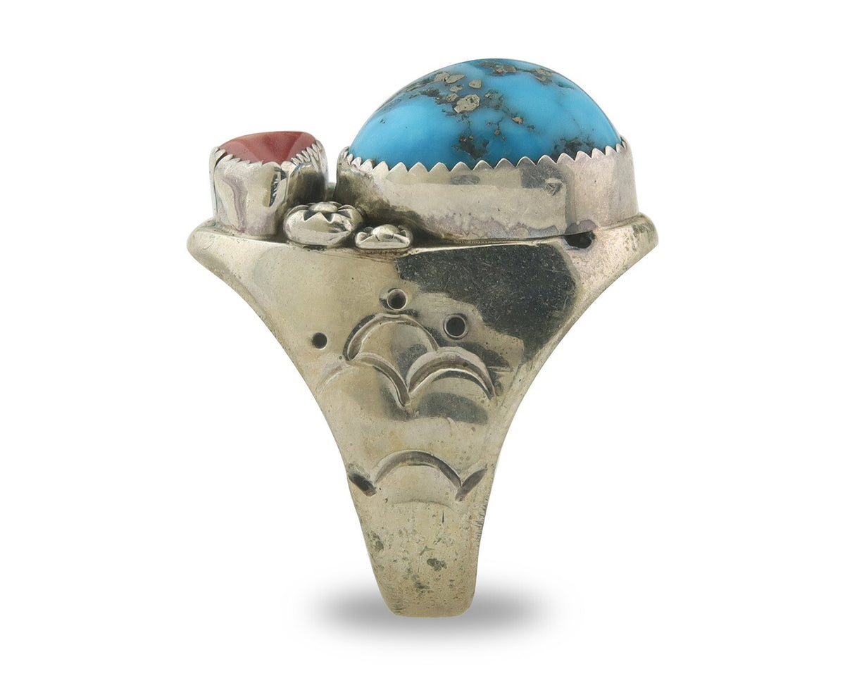 Men Heavy Navajo Ring 925 Sterling Coral & Turquoise C.80's Size 10.75