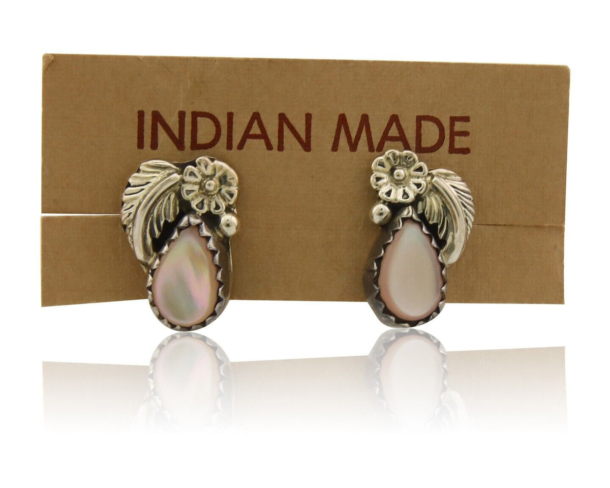 Navajo Earrings 925 Silver Handmade Natural Pink Mussel Native American Artist