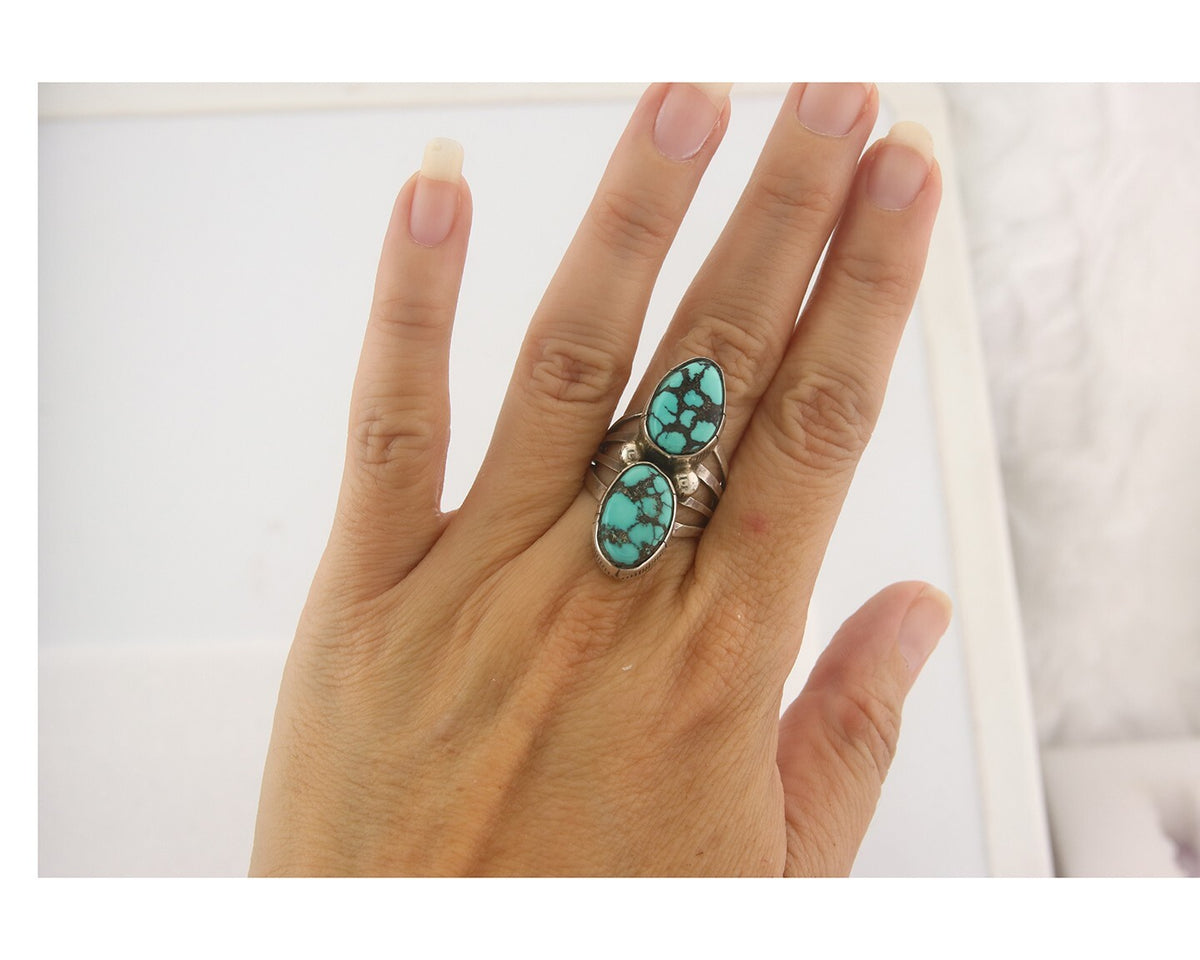 Vintage Navajo Ring 925 Sterling Authentic Damele Turquoise Signed M Size 7.0