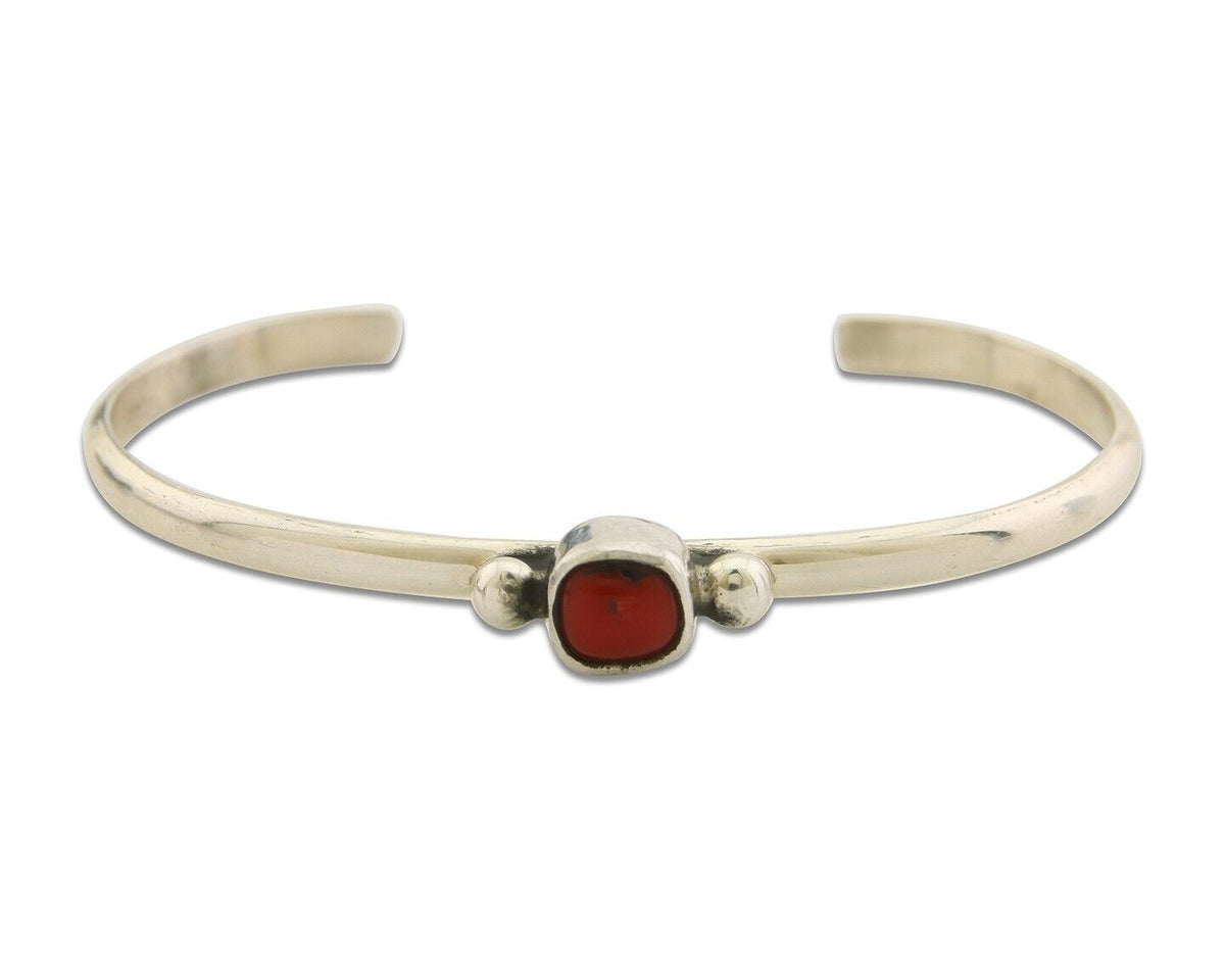 Navajo Bracelet .925 Silver Natural Red Coral Cuff Native American Artist C.80's