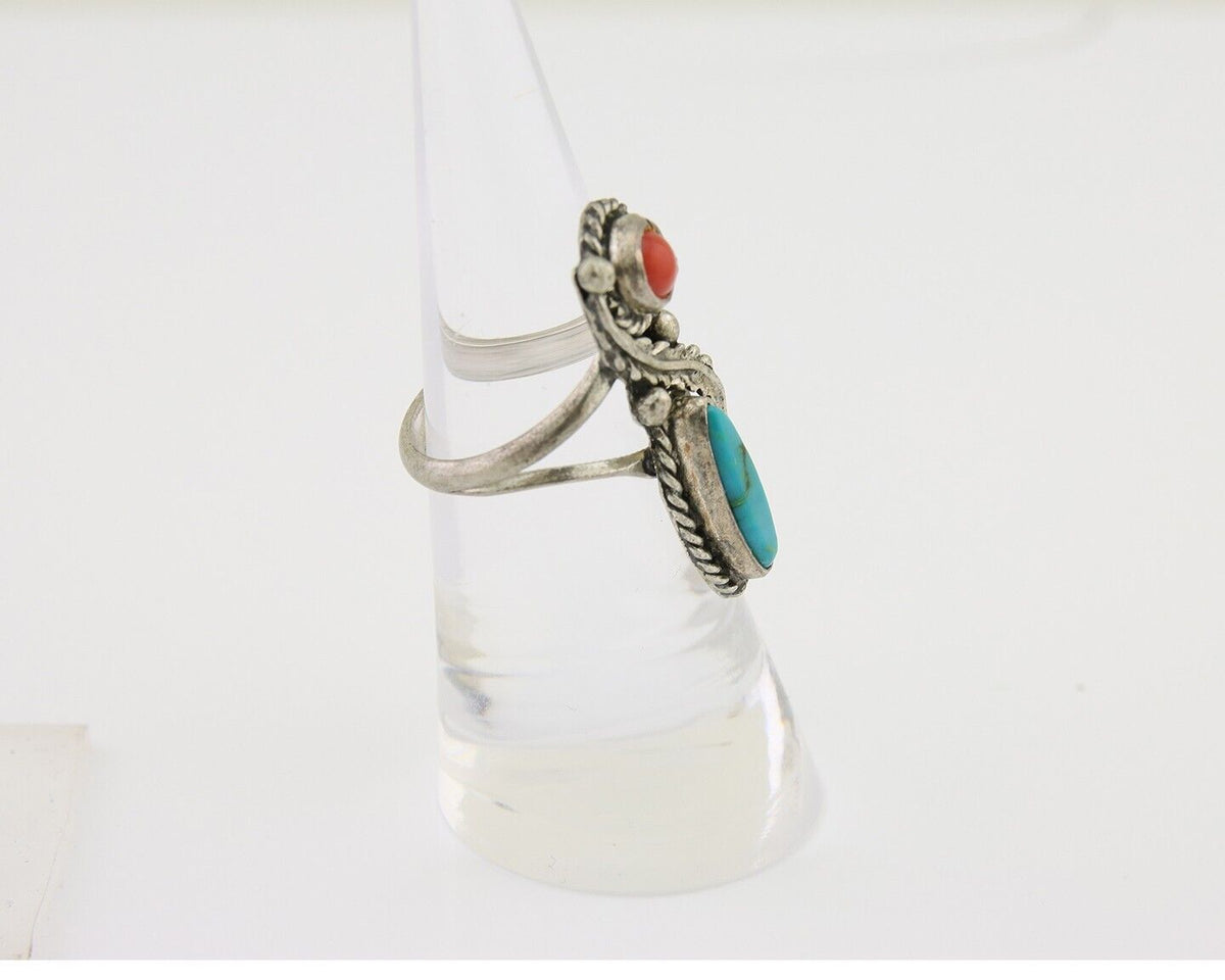Navajo Handmade Ring 925 Silver Coral & Turquoise Native Artist C.80's