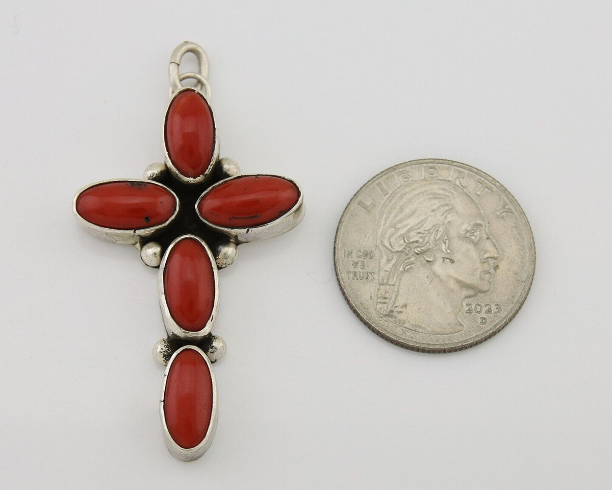 Navajo Cross Pendant 925 Silver Mediterranean Coral Signed J Tso C.80s
