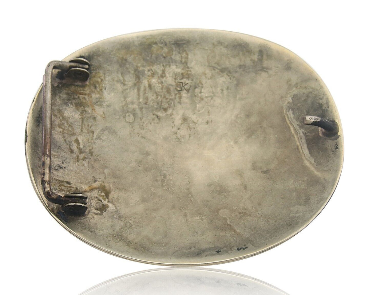 Navajo Belt Buckle .999 Nickel Buffalo Gemstone Signed Chee Keams 3x3.5 in C.80s