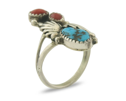 Vintage Navajo Ring 925 Sterling Natural Coral & Turquoise Native Artist Sz 7.0
