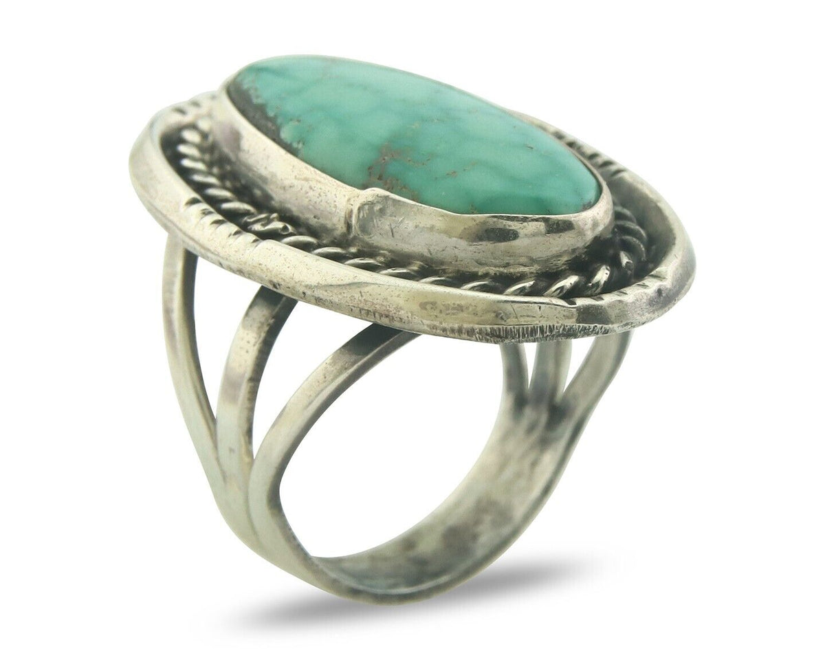 Navajo Ring 925 Sterling Turquoise Handmade Signed JT C.80's Size 7