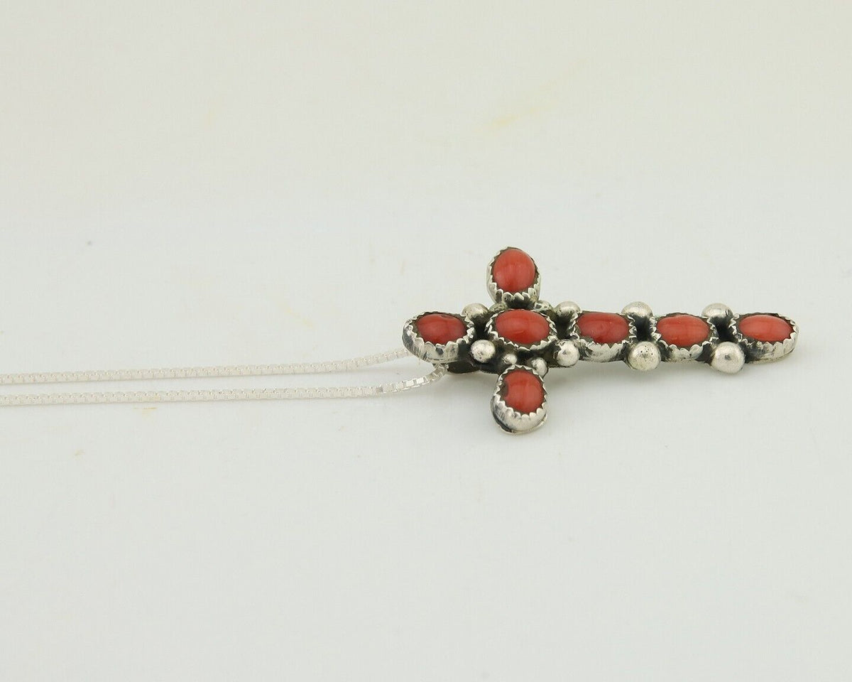 Navajo Cross Necklace 925 Silver Mediterranean Coral Native American Artist C80s