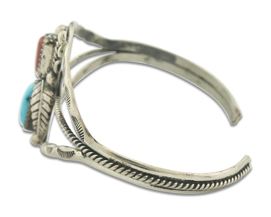 Vintage Navajo Bracelet 925 Silver Red Coral Turquoise Signed C