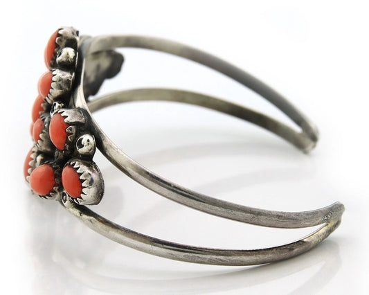 Navajo Cuff Bracelet 925 Sterling Silver Natural Coral Handmade Vintage
