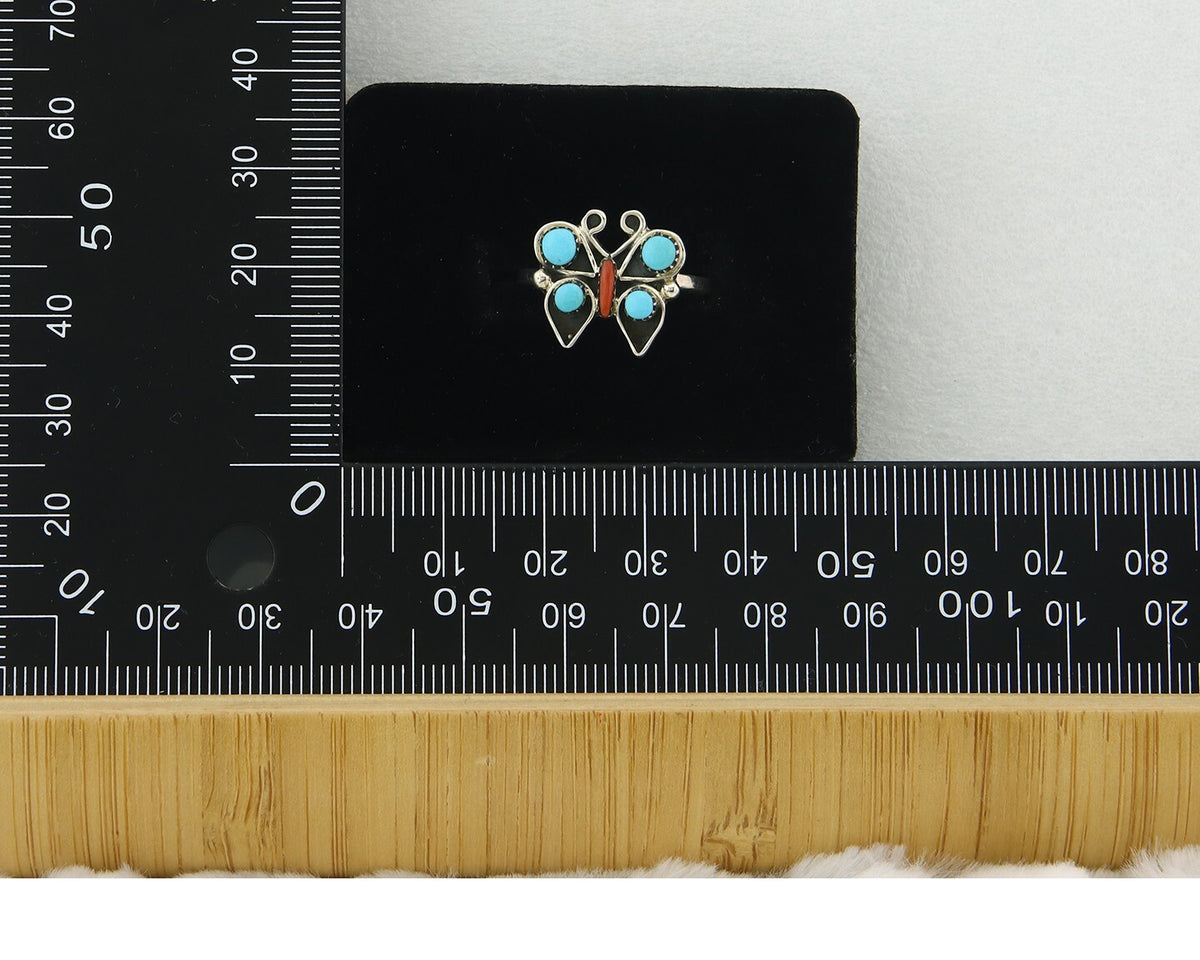 Navajo Butterfly Ring 925 Sterling Silver Authentic Turquoise & Coral Size 7.25