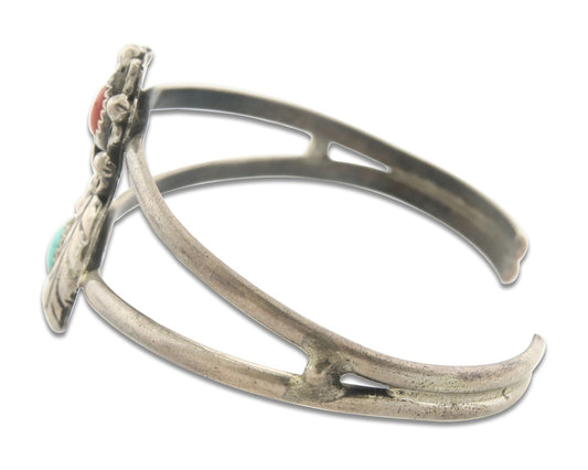 Vintage Navajo Bracelet 925 Silver Red Coral Turquoise Authentic
