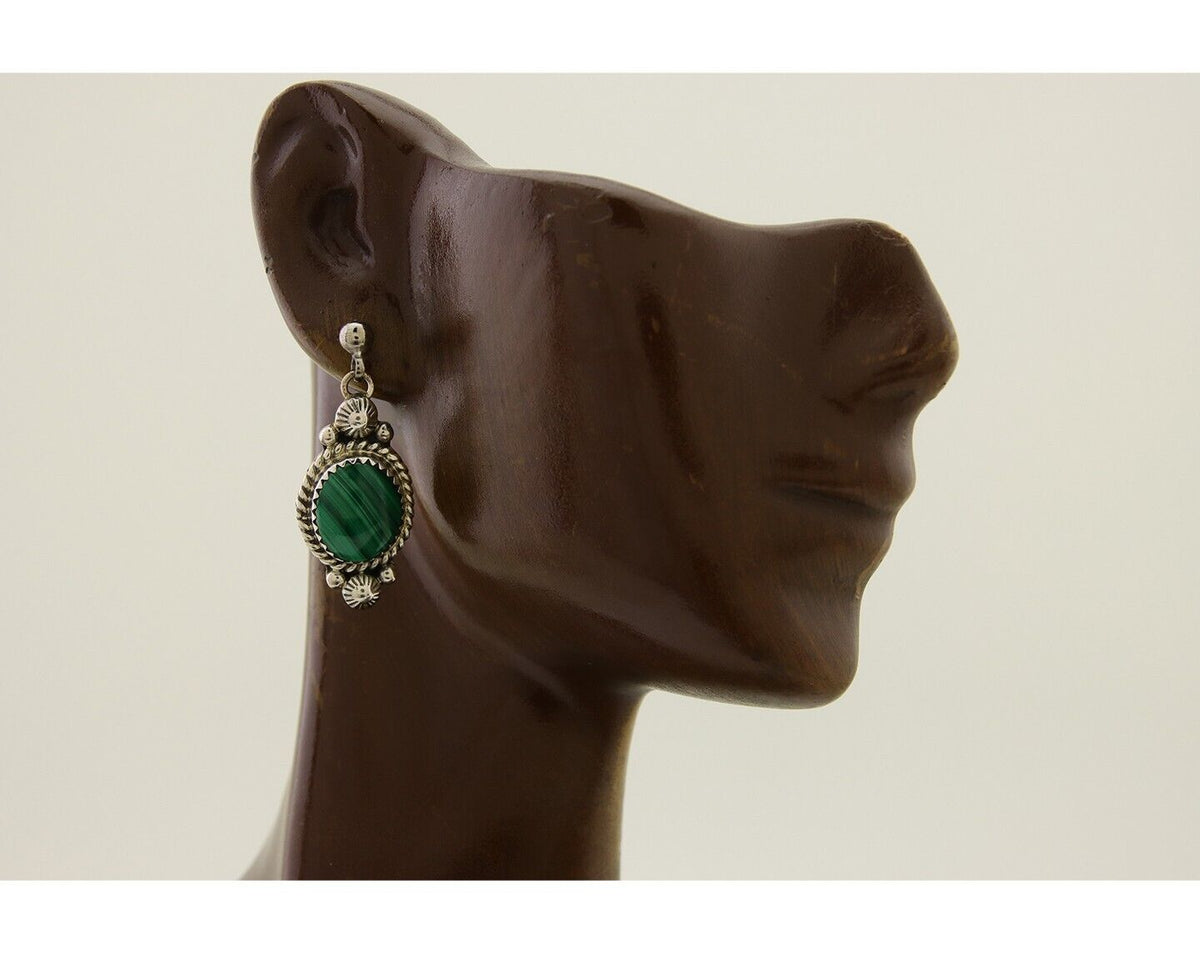 Navajo Handmade Earrings 925 Silver Malachite Native American Artist C.80's