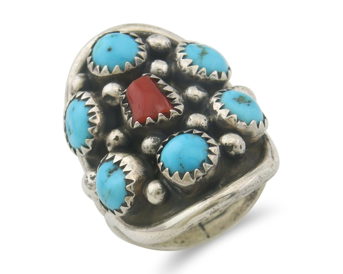 Navajo Ring 925 Sterling Natural Coral & Turquoise Signed EH C.80's Size 6.25