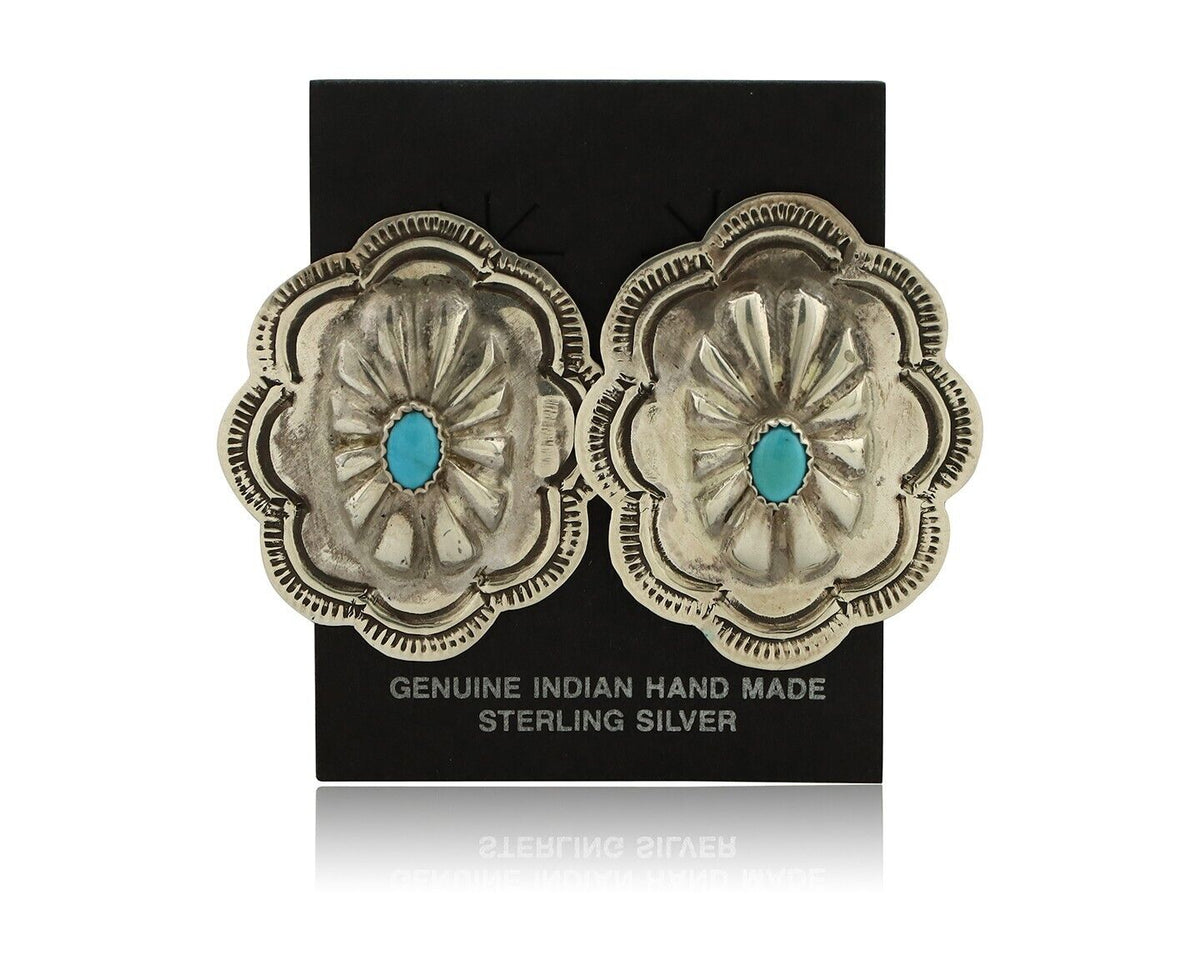Navajo Hand Stamped Earrings 925 Silver Turquoise Native Artist C.80's