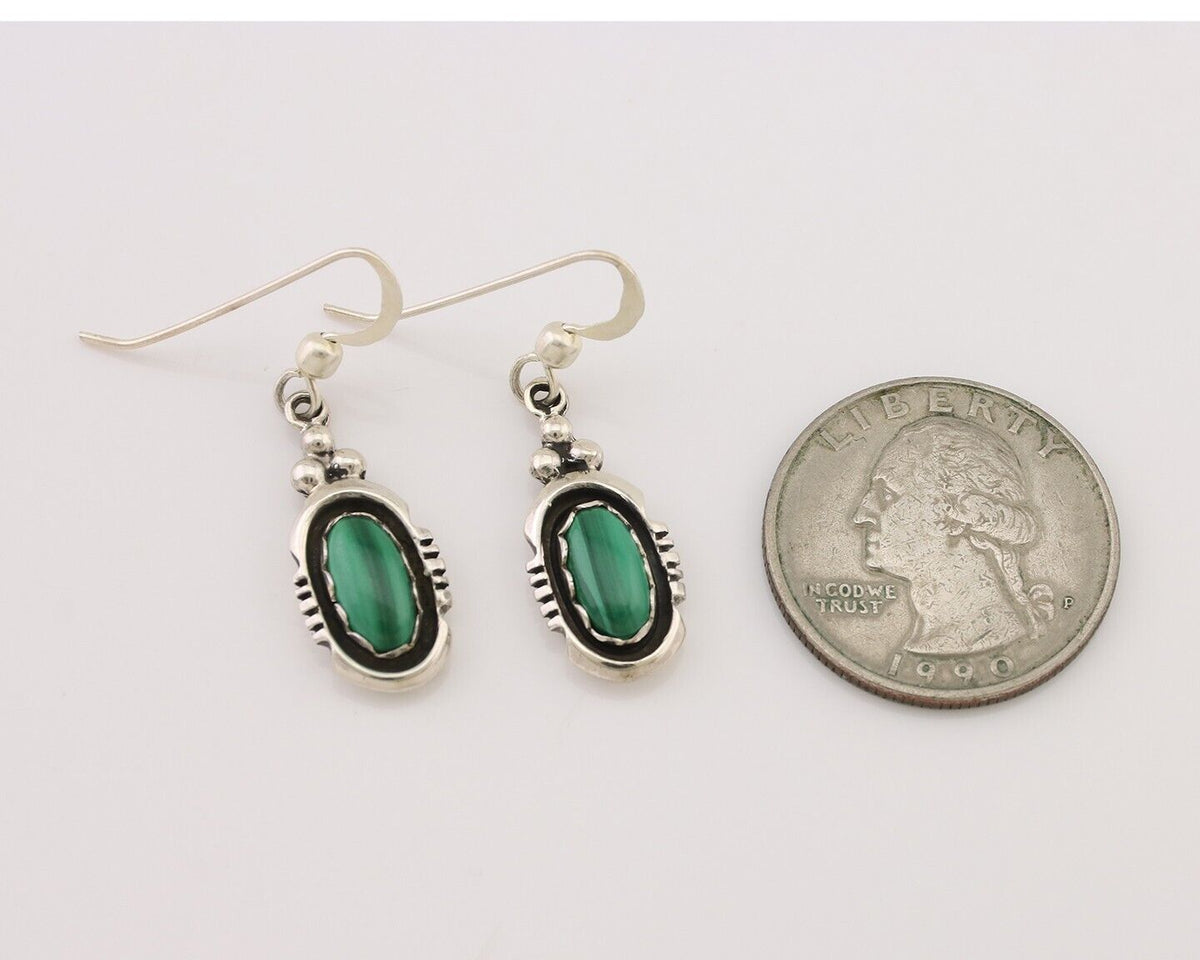Navajo Dangle Earrings 925 Silver Natural Malachite Native American Artist C.80s