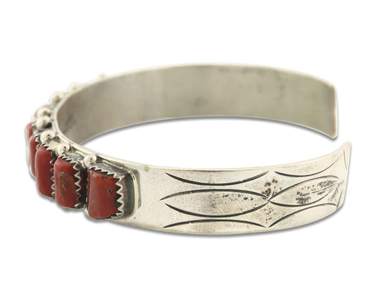 Vintage Navajo Bracelet 925 Silver Red Coral handmade Signed R Franatsao