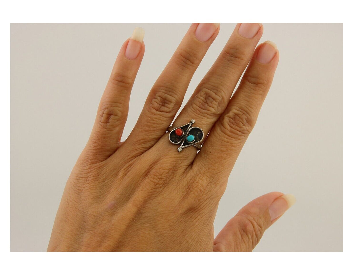 Navajo Ring 925 Silver Turquoise & Coral Native American Artist C.80's