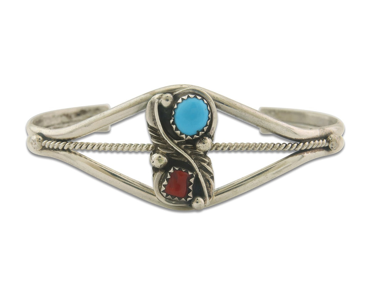 Navajo Bracelet 925 Silver Coral & Turquoise Cuff Signed Running Bear C.80's