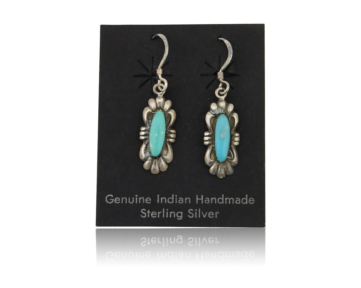 Navajo Dangle Earrings 925 Silver Blue Turquoise Artist Signed Square C.80's