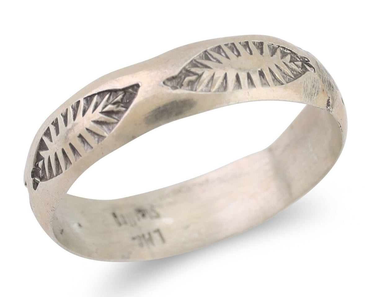 Navajo Hand Stamped Band 925 Silver 5.0 mm Signed Larry Chavez Size 8.5 C.80's