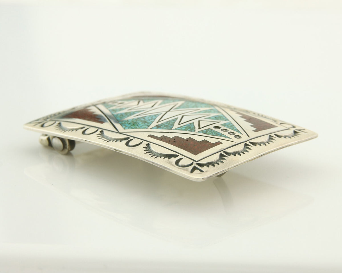 Vintage Navajo Belt Buckle 925 Silver Inlaid Gemstone Signed Stanley Bain C.80's