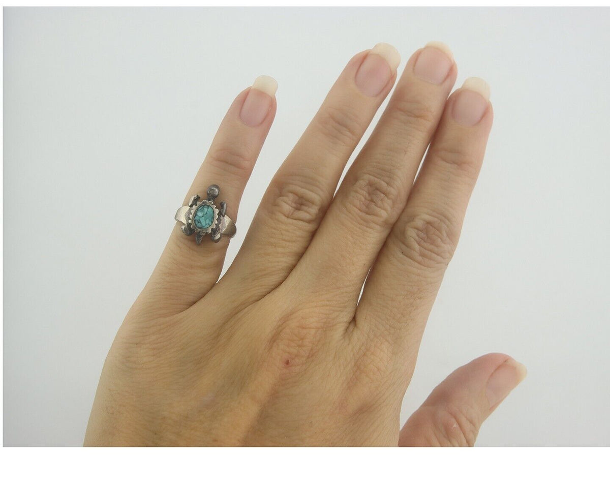 Navajo Toe Ring 925 Silver Inlaid Turtle Turquoise C.80's Size 1.75