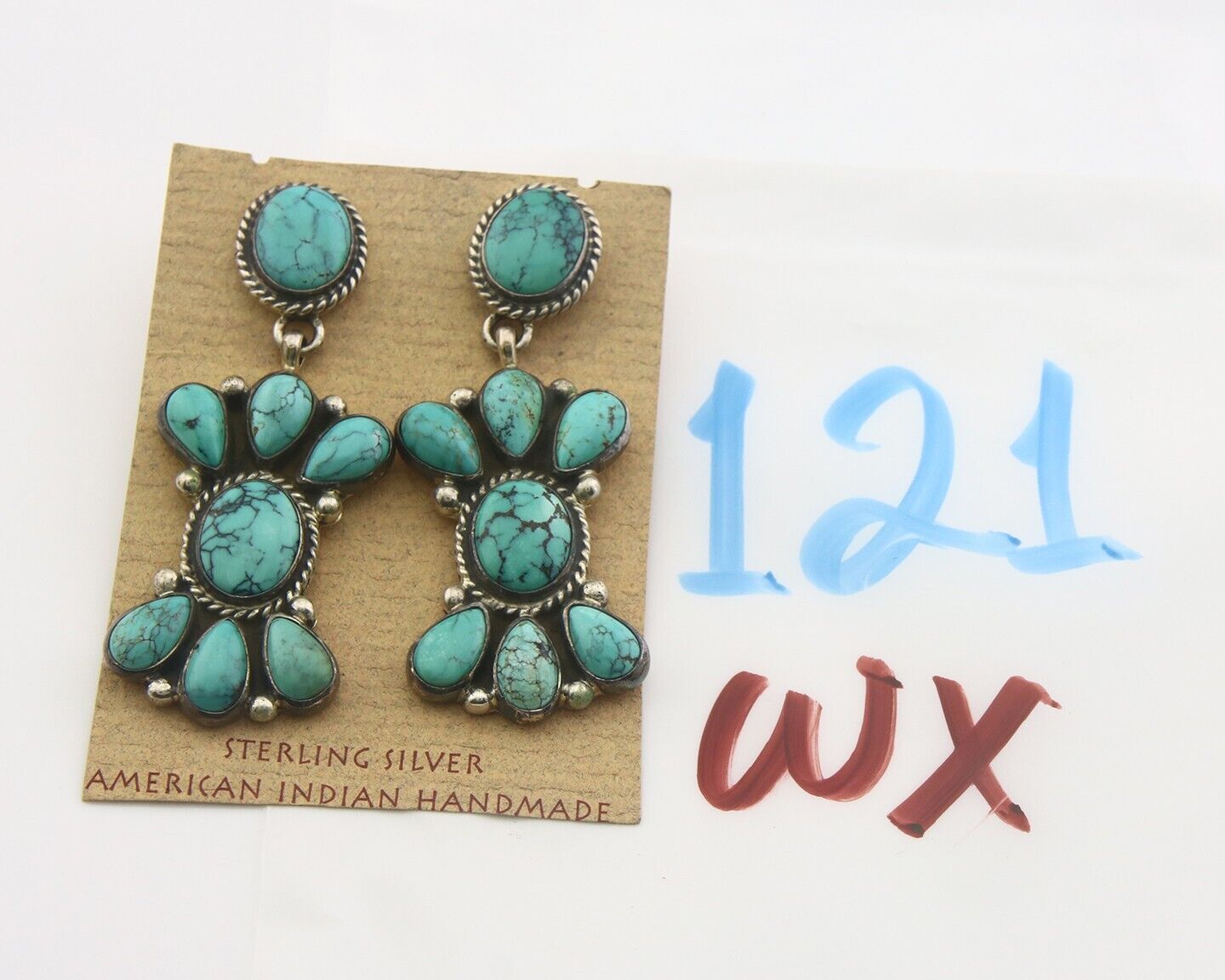 Navajo Earrings 925 Silver Handmade Natural Turquoise Signed Geneva JA C.80's