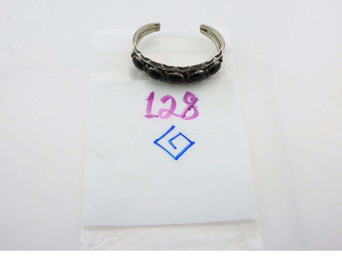 Navajo Cuff Bracelet 925 Sterling Silver Onyx Handmade Vintage Signed H Spencer