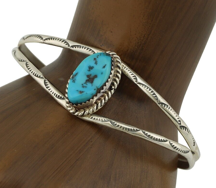 Navajo Bracelet 925 Silver Sleeping Beauty Turquoise Signed Robert Vandover C80s