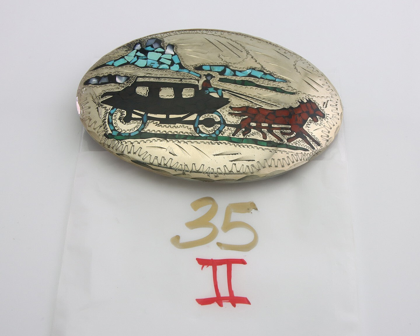 Navajo Belt Buckle .999 Nickel Gemstone Handmade Signed AL 3.0 x 4.0 in C.80s
