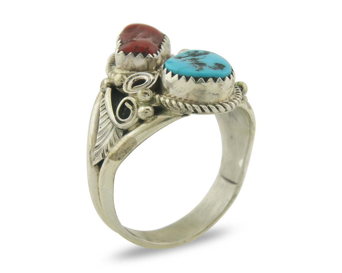 Men Navajo Ring 925 Sterling Natural Coral & Turquoise Signed JM C.80's Sz 12.25