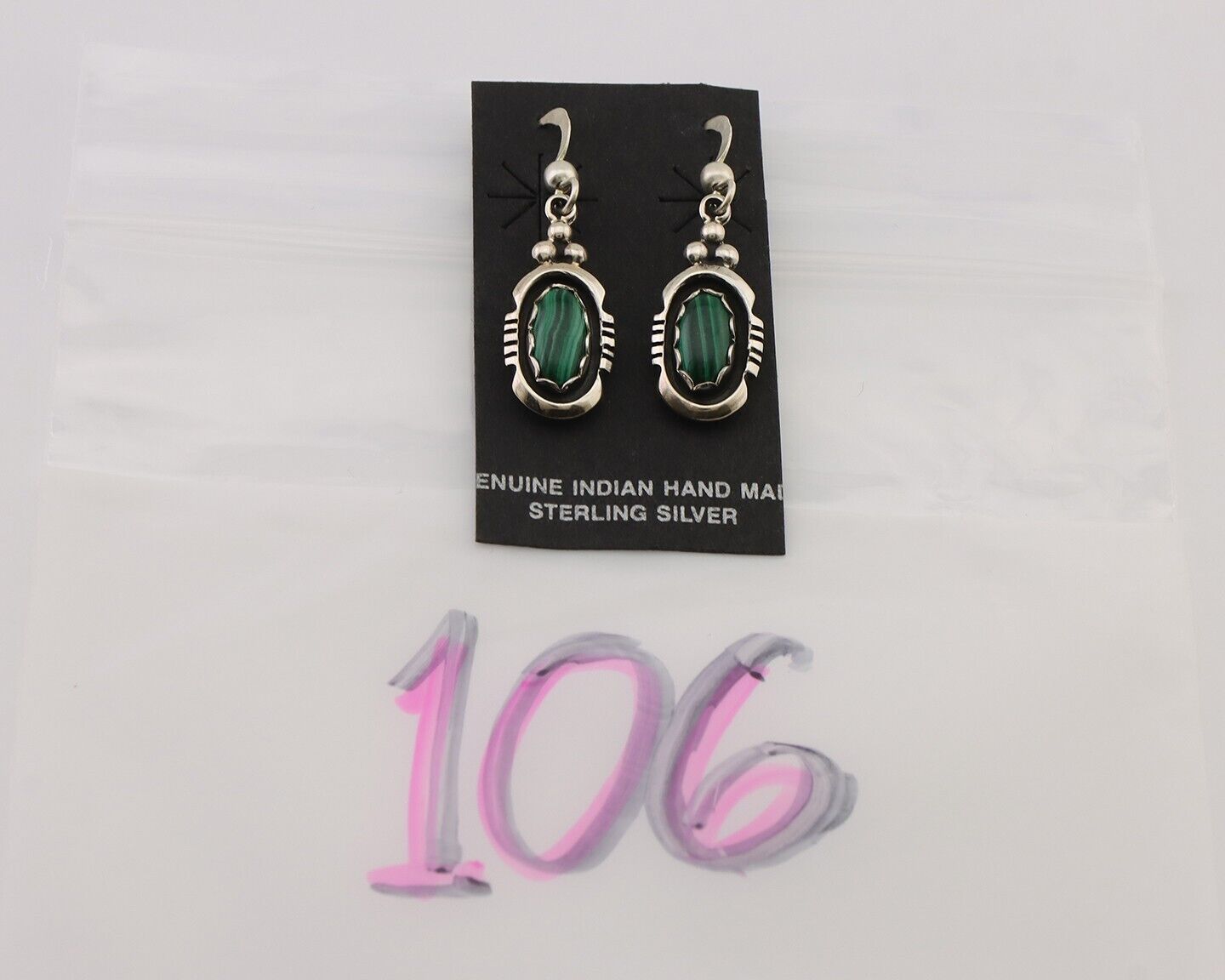 Navajo Dangle Earrings 925 Silver Natural Malachite Native American Artist C.80s