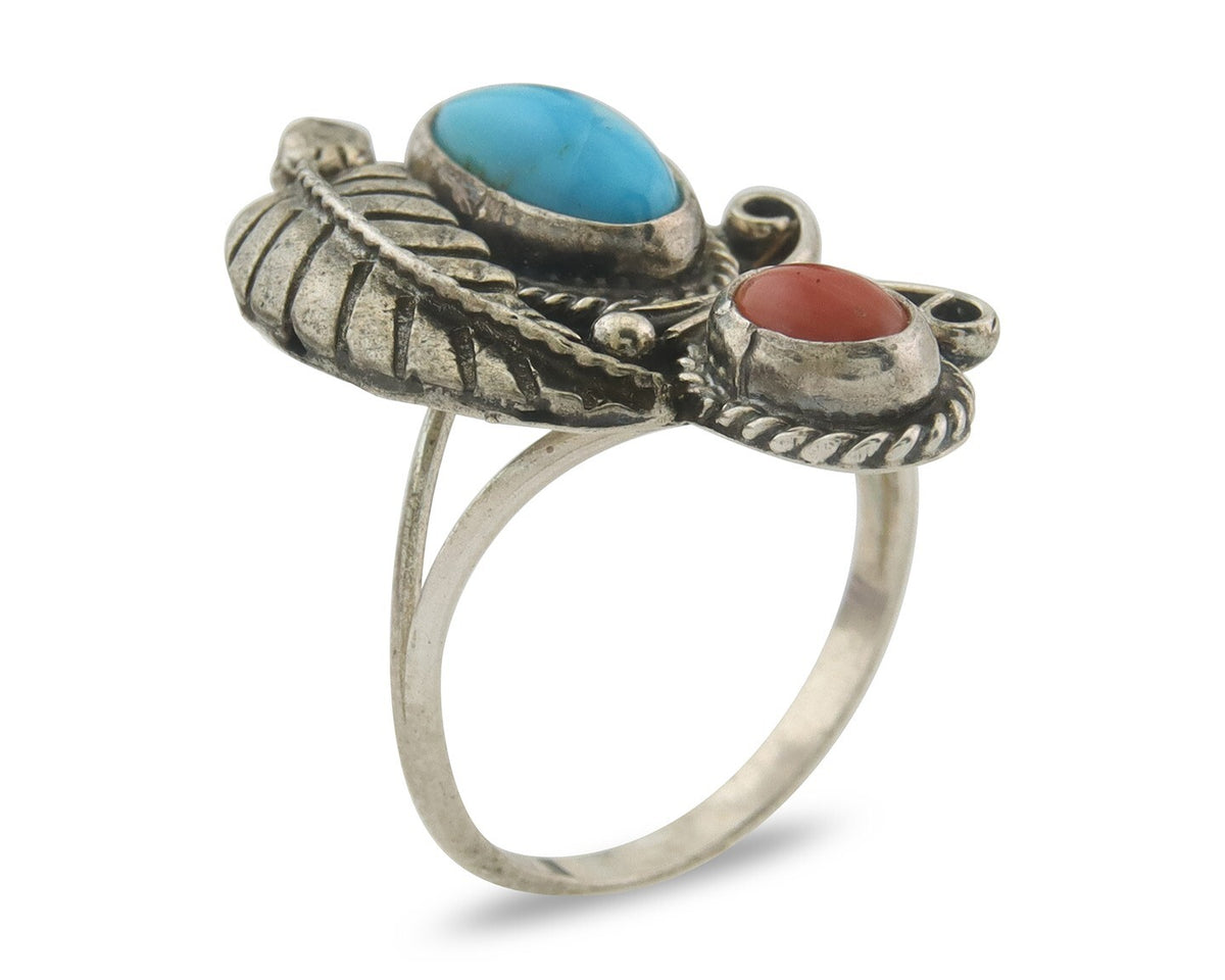 Navajo Ring 925 Sterling Natural Coral & Turquoise Signed EH C.80's Size 7.5
